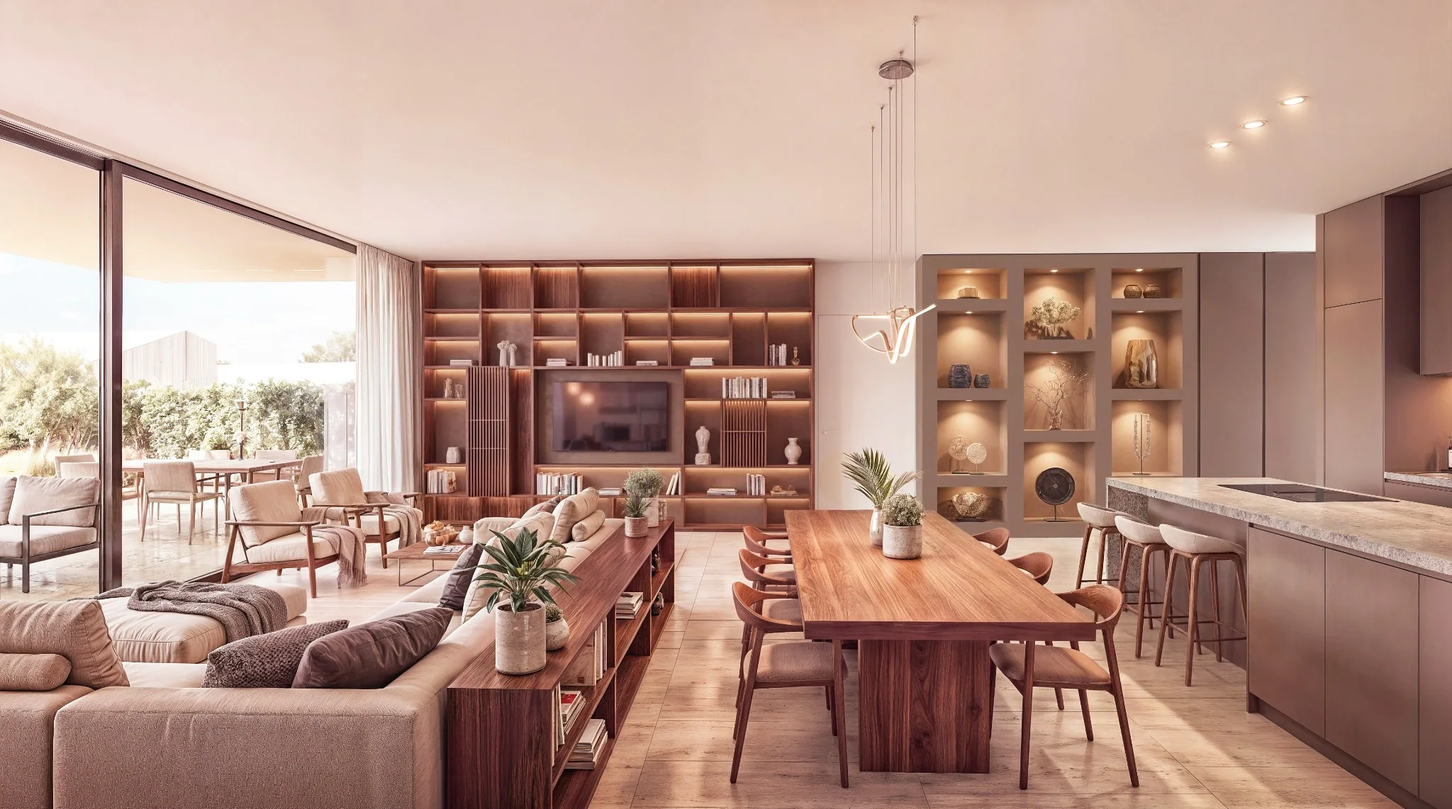 Rendering originale del soggiorno e cucina di Sorengo Heights